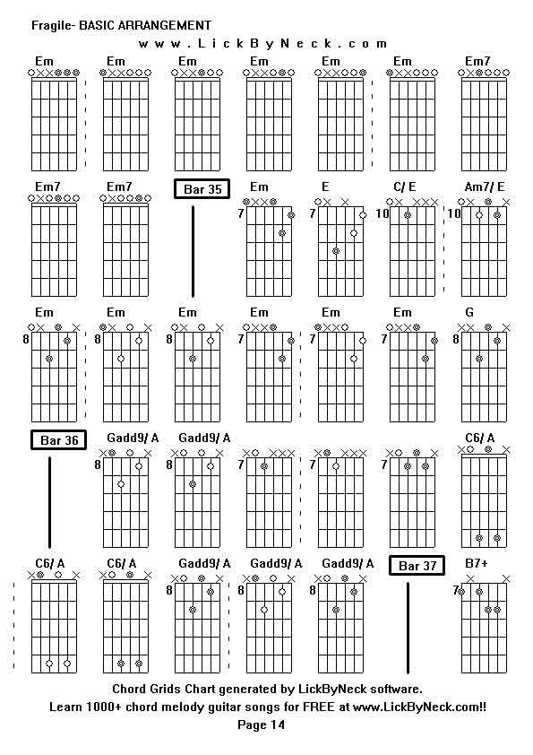 Chord Grids Chart of chord melody fingerstyle guitar song-Fragile- BASIC ARRANGEMENT,generated by LickByNeck software.